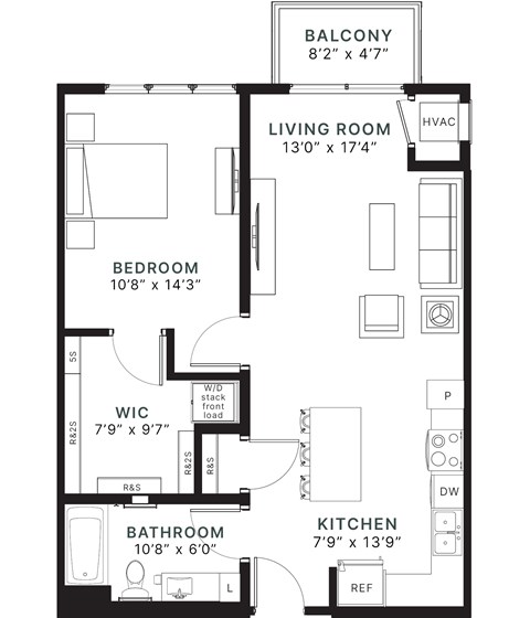 Floor plan for 1 bed, 1 bath, 807 sqft
